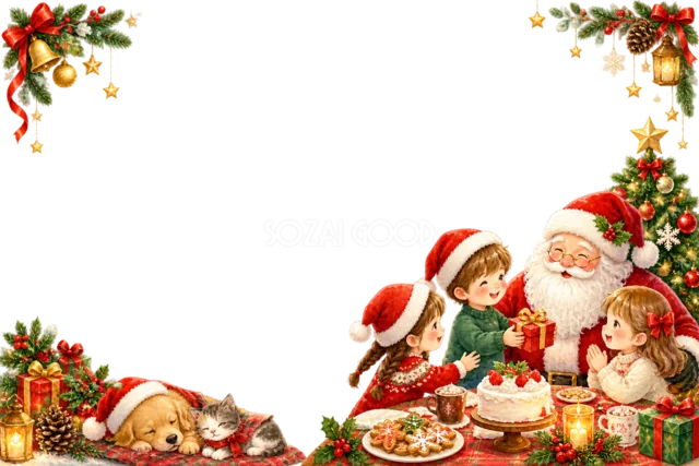 プレゼントを運ぶサンタと子どものクリスマスメッセージカード