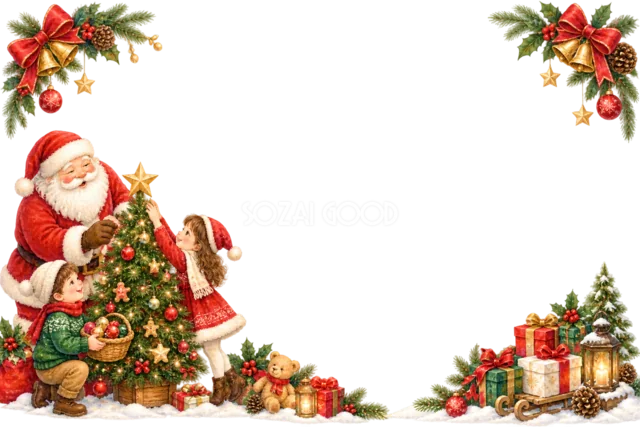 リースを飾るサンタと子どものクリスマスメッセージカード