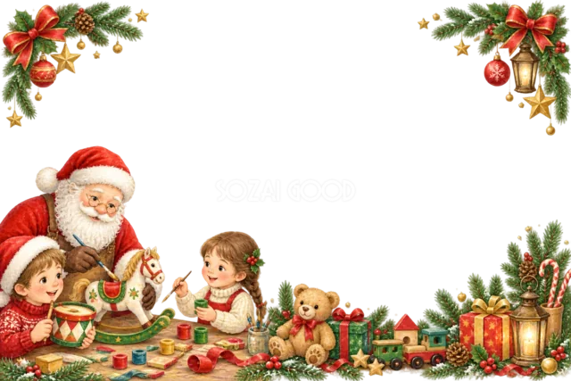玄関で手を振るサンタと子どものクリスマスメッセージカード