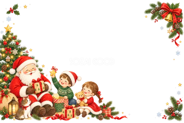 絵本を読むサンタと子どものクリスマスメッセージカード