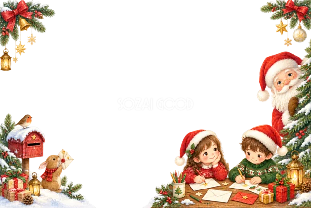 ツリーを飾るサンタと子どものクリスマスメッセージカード