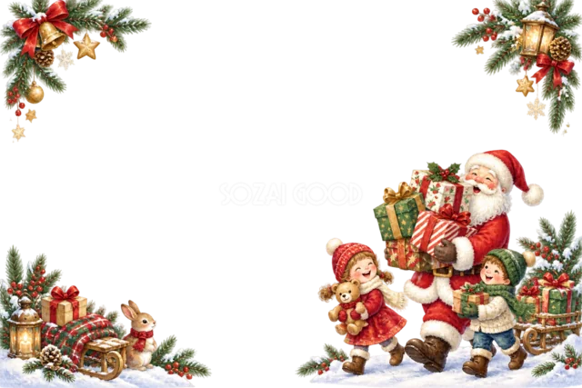 サンタと女の子とトナカイのクリスマスメッセージカード