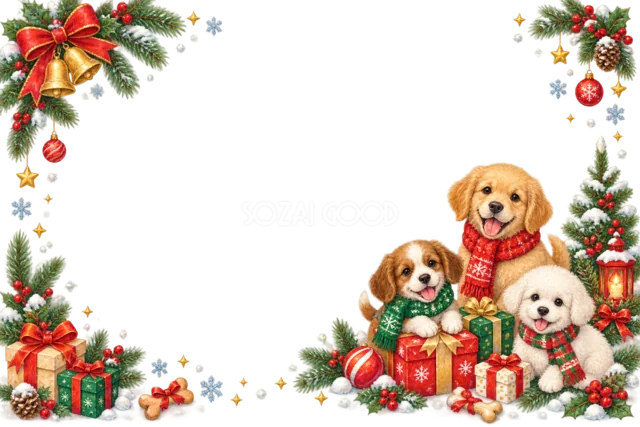 ツリーを飾る子犬たちのクリスマスメッセージカード