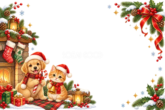手紙を運ぶフクロウと小鳥のクリスマスメッセージカード