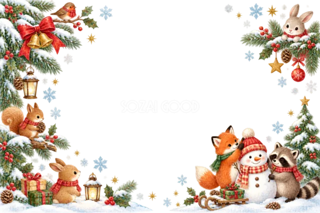 木の実のリースを飾るリスのクリスマスメッセージカード