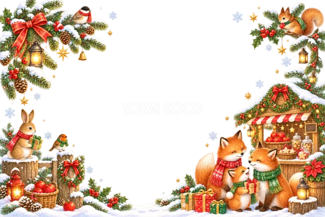クリスマスマーケットのきつね家族メッセージカード
