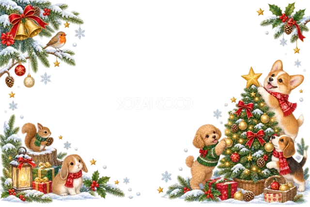 そりで遊ぶ子鹿ときつねのクリスマスメッセージカード
