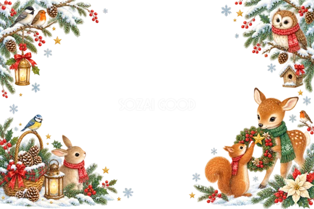 星を見上げる森の動物と犬猫のクリスマスメッセージカード