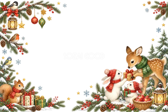 森の動物と犬猫が集合するクリスマスメッセージカード