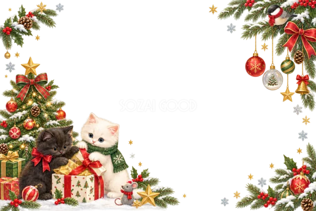 ツリーを飾る子猫のクリスマスメッセージカード