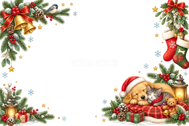 リースを飾る鹿とリスのクリスマスメッセージカード