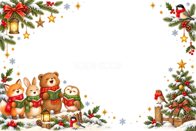ランタンを囲むハリネズミとフクロウのクリスマスメッセージカード