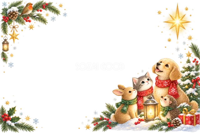 雪だるまを作るきつねとアライグマのクリスマスメッセージカード