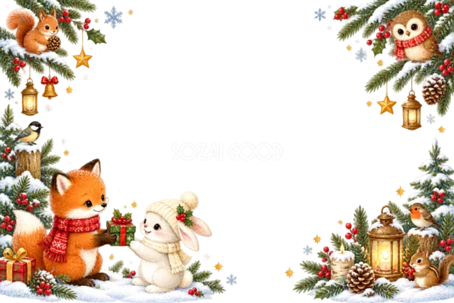 暖炉を囲む子犬と子猫のクリスマスメッセージカード