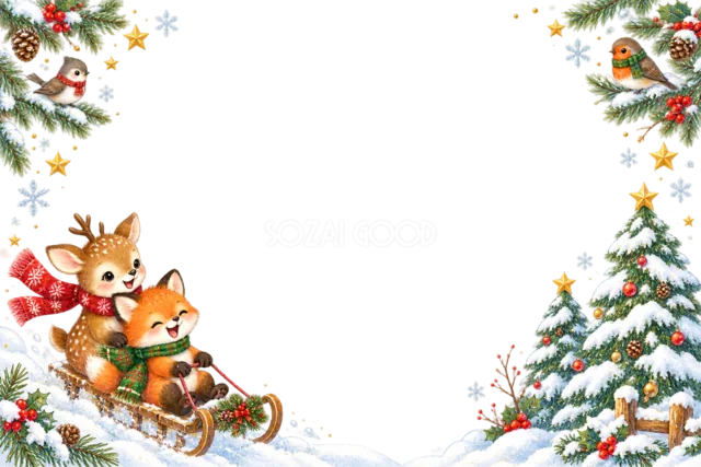プレゼント交換をする子鹿とうさぎのクリスマスメッセージカード