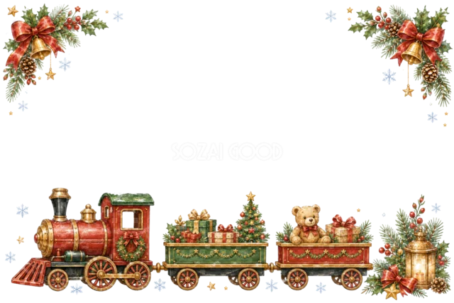 プレゼントを運ぶ赤いおもちゃの汽車クリスマスメッセージカード