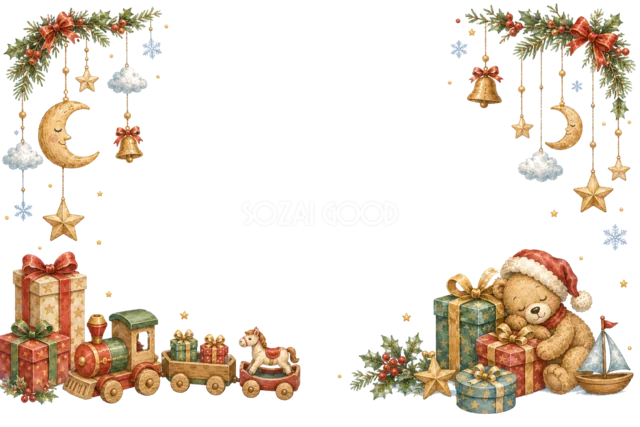 テディベアと積み木のクリスマスメッセージカード
