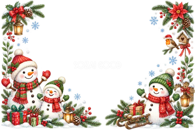 雪だるま家族とモミの枝のクリスマスメッセージカード