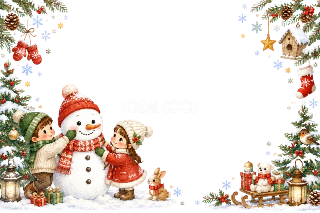 雪だるまを作る子どものクリスマスメッセージカード