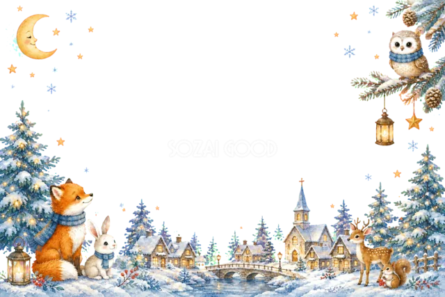 朝日に輝く雪の村のクリスマスメッセージカード