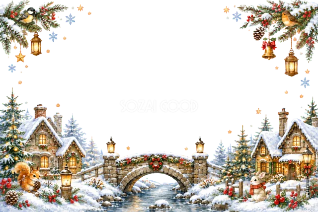 雪の村を走るサンタのそりのクリスマスメッセージカード