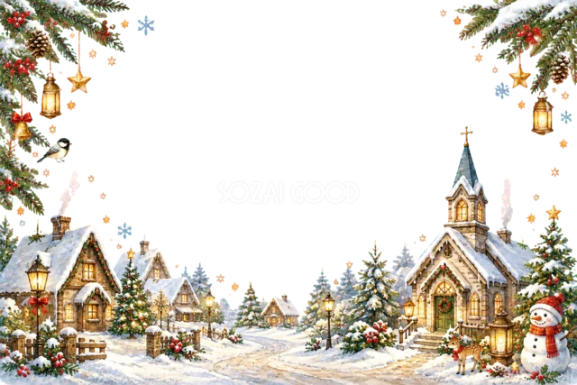 森の小道と雪のコテージのクリスマスメッセージカード