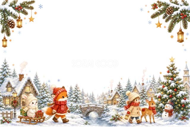 雪の村を走る赤い汽車のクリスマスメッセージカード
