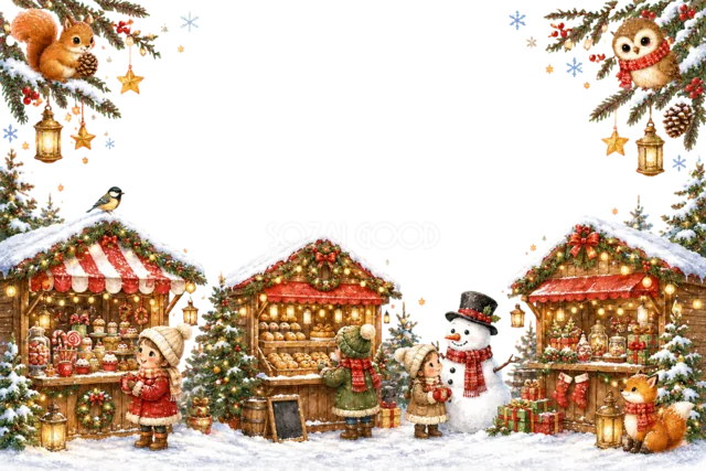雪だるま・雪遊び・雪の村大集合のクリスマスメッセージカード