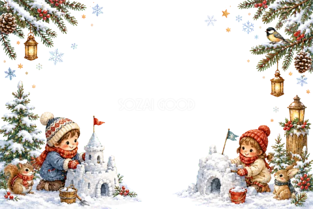 赤いそりで雪遊びのクリスマスメッセージカード