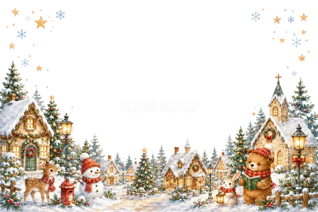 森の動物と雪だるまのクリスマスメッセージカード