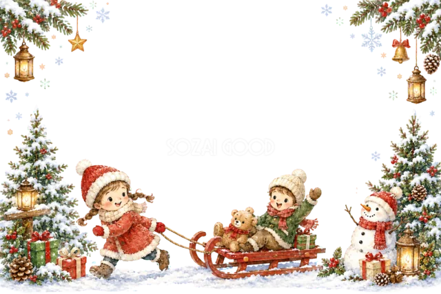 犬と猫と雪だるまのクリスマスメッセージカード