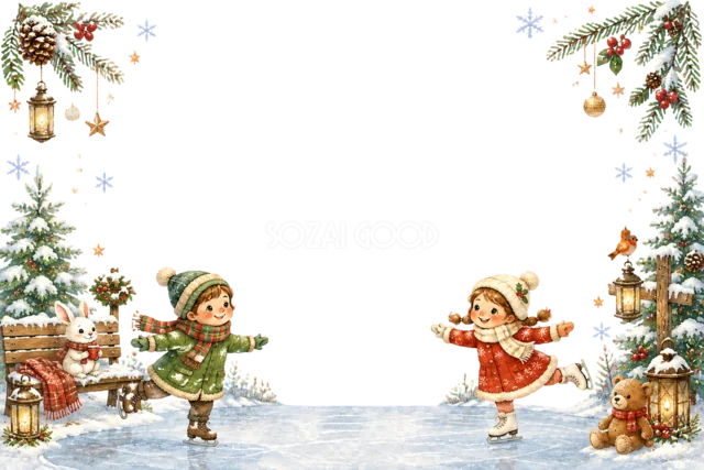 雪うさぎと小さな雪だるまのクリスマスメッセージカード