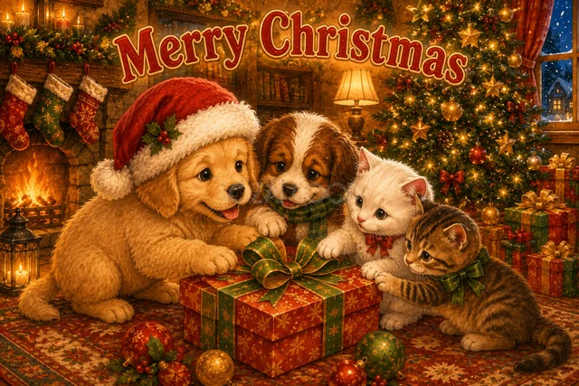 プレゼントを囲む子犬と子猫のかわいいクリスマスカード