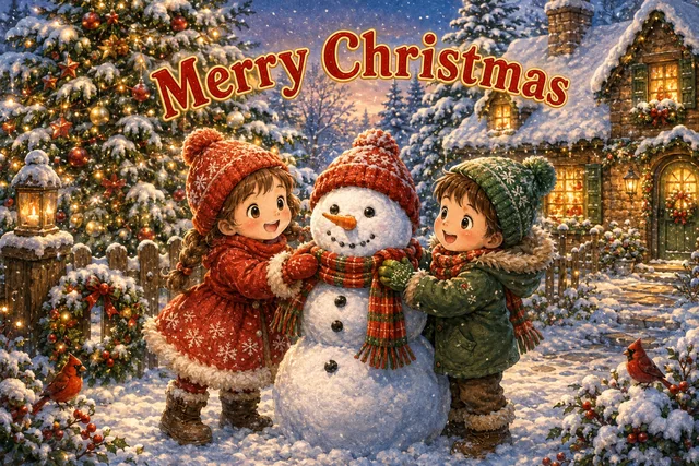 雪の街で雪だるまを作る子どもたちのクリスマスカード