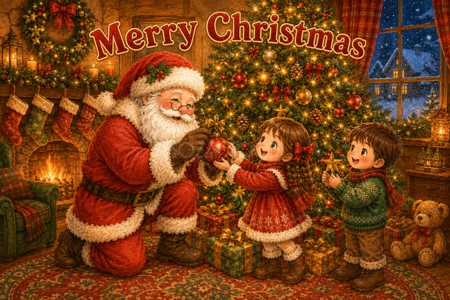 子どもたちに飾りを渡すサンタのかわいいクリスマスカード