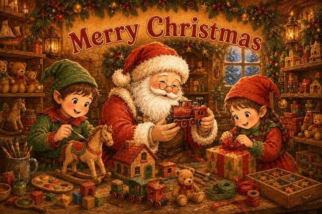 おもちゃ工房のサンタと小人たちのかわいいクリスマスカード
