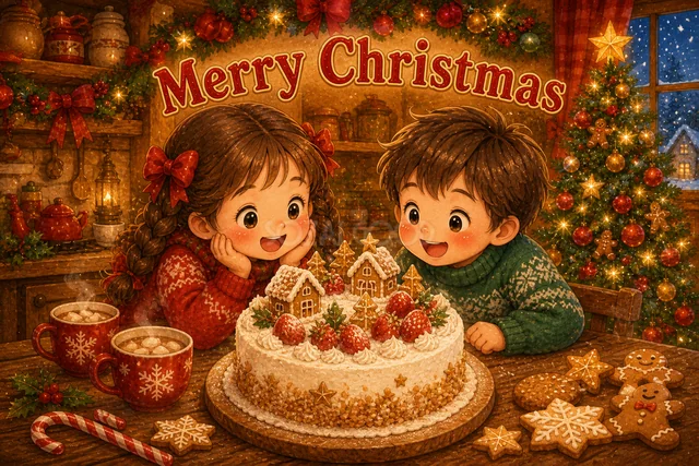クリスマスケーキを囲む子どもたちのかわいいカード