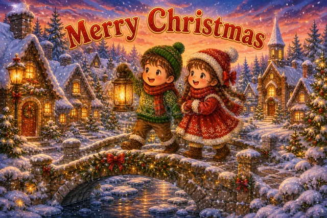 ランタンを持って雪の街を歩く子どもたちのクリスマスカード