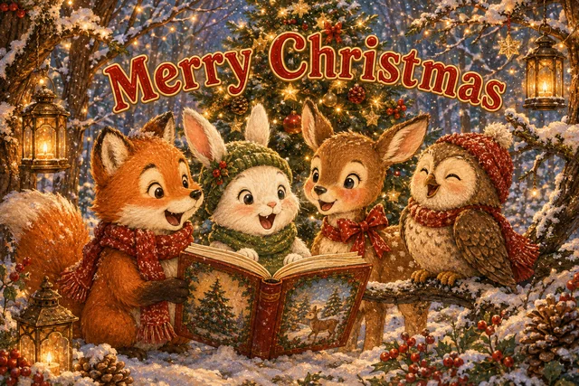 絵本を読むキツネとウサギとシカとフクロウのクリスマスカード