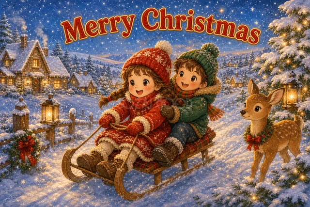 そりで遊ぶ子どもたちと子ジカのかわいいクリスマスカード