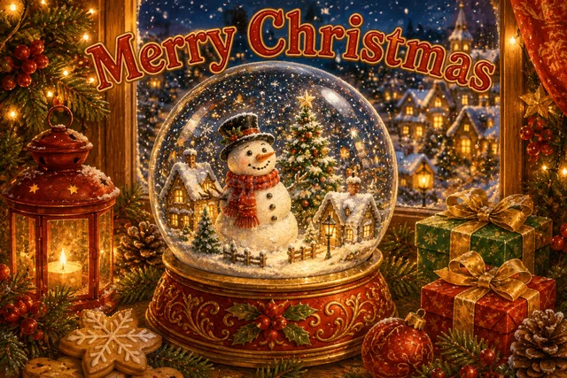 雪だるまのスノードームを描いたかわいいクリスマスカード