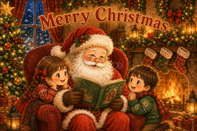 暖炉の前で絵本を読むサンタと子どものかわいいクリスマスカード