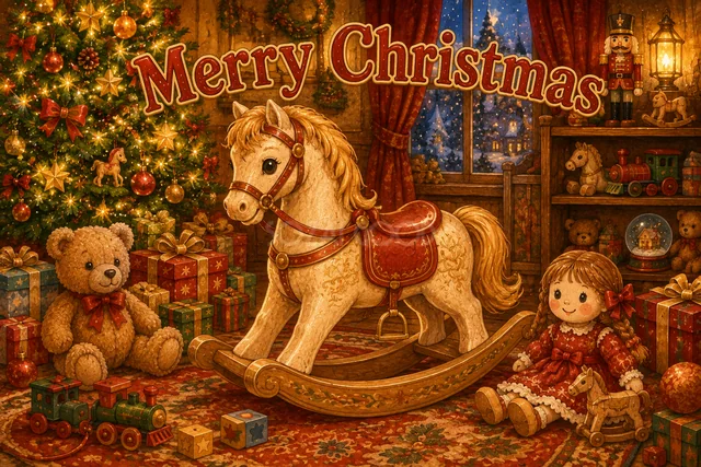 木馬とテディベアと人形のかわいいクリスマスカード