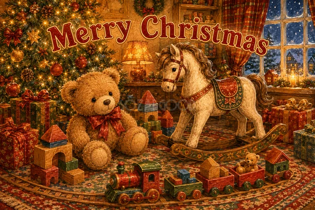 テディベアと木馬とおもちゃの汽車のクリスマスカード