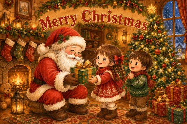 子どもへプレゼントを渡すサンタのかわいいクリスマスカード