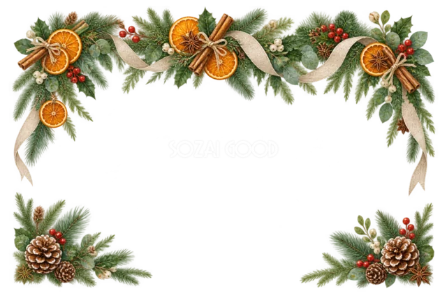 木の実と冬のグリーンのクリスマスメッセージカード