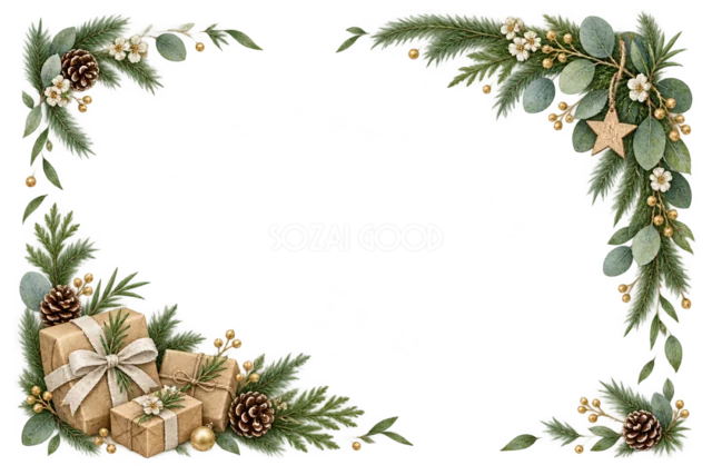 リネンリボンと冬の花束のクリスマスメッセージカード