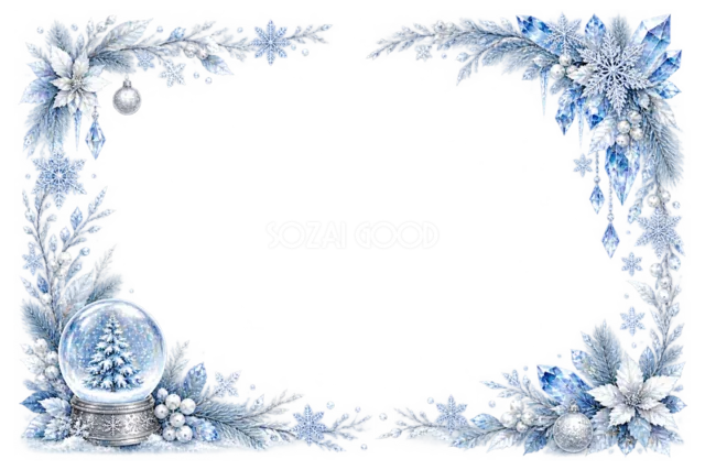 雪の村と銀色の雪の結晶のクリスマスメッセージカード