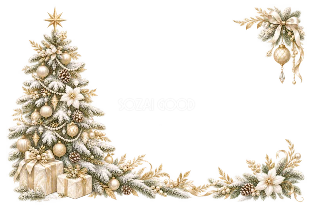 金の星と白いリボンのガーランドのクリスマスメッセージカード
