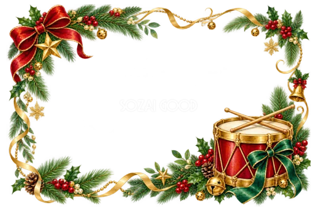 金の星と赤いリボンの飾り枠のクリスマスメッセージカード